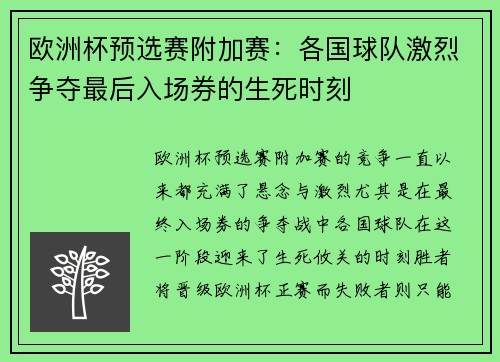 欧洲杯预选赛附加赛：各国球队激烈争夺最后入场券的生死时刻